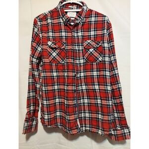 Denim & Flower Mens XL Red Plaid Flannel Shirt Long Sleeve Button Up Slim Fit